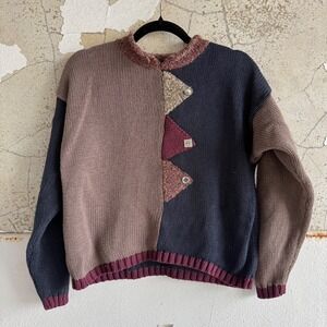 Vtg 90s Patchwork Sweater Colorblock Boxy Chunky Knit Christoper Banks Womens L